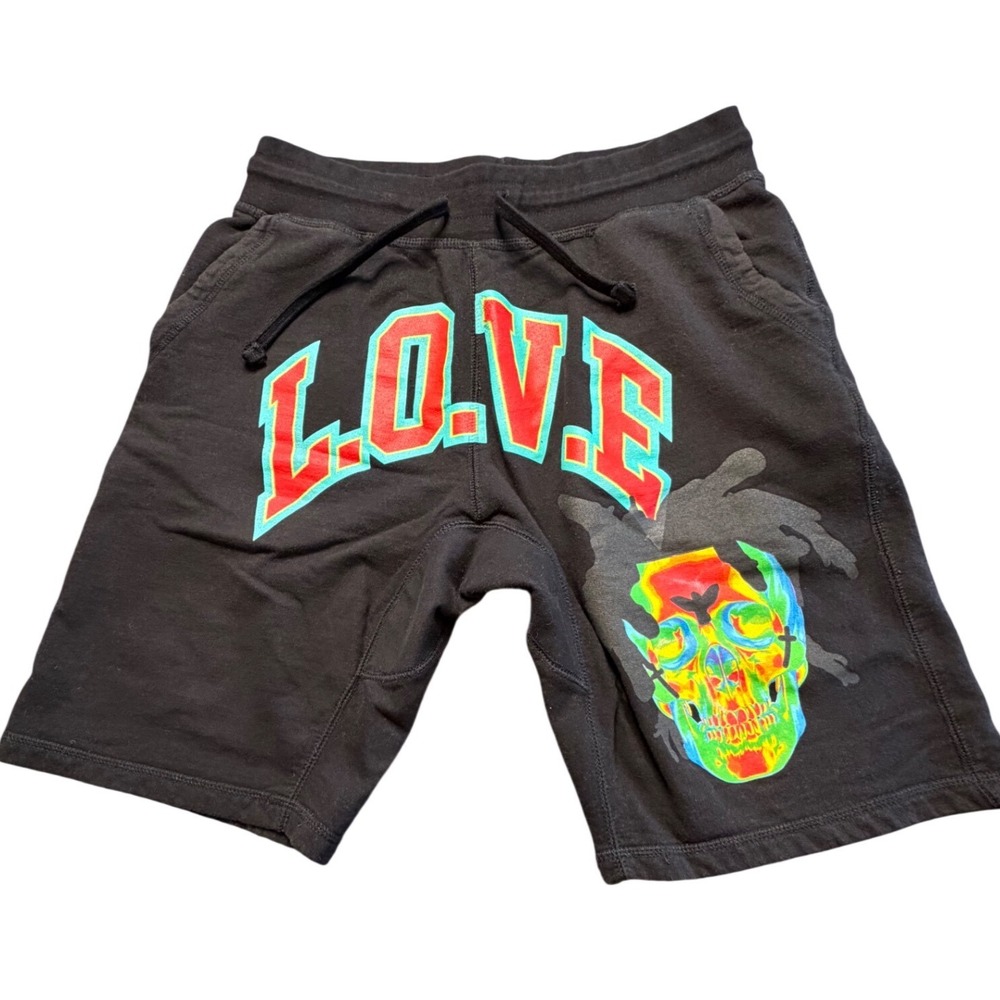 L.O.V.E. Loyalty Out Values Everything Black Thermal Skull Sweat Shorts Mens L